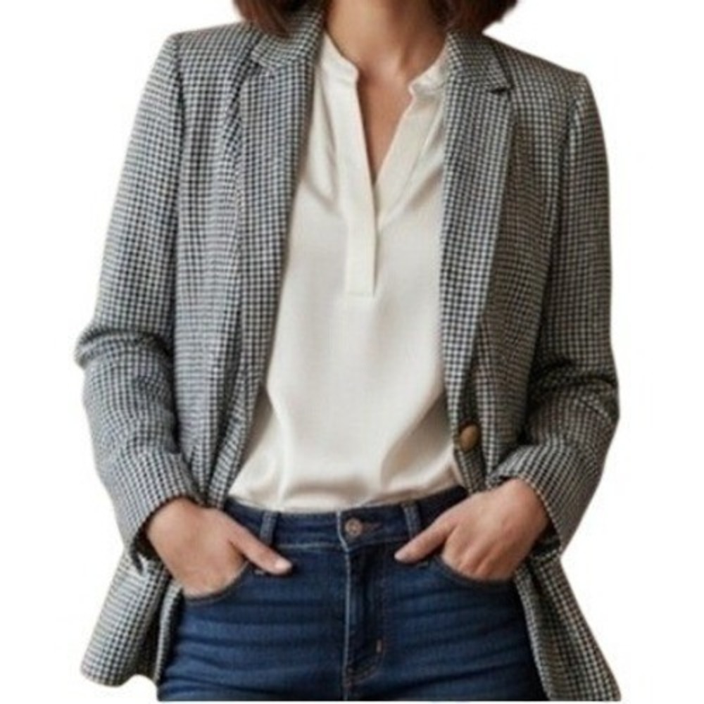 Talbots NWOT Aberdeen Houndstooth Blazer Jacket Black White Gold Button 16P XLP